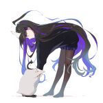  1girl animal bent_over bird black_hair black_sweater blue_skirt brown_legwear closed_mouth from_side full_body highres long_sleeves looking_away looking_down multicolored_hair no_shoes original pantyhose penguin pleated_skirt profile puffy_long_sleeves puffy_sleeves purple_eyes purple_hair shadow skirt sleeves_past_wrists smile solo sweater tama_(tama-s) triangular_headpiece two-tone_hair white_background white_headwear yurako-san_(tama) 