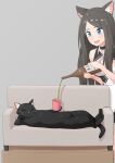  1girl :d absurdres aina_(mao_lian) alcohol animal_ear_fluff animal_ears animal_focus black_cat black_choker blue_eyes blush bottle cat cat_ears cat_tail choker couch cup decantering fingernails grey_hair highres holding holding_bottle long_hair lying mao_lian_(nekokao) on_back on_couch open_mouth original pink_nails sake smile solo tail 