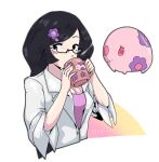  1girl black_eyes black_hair blush_stickers closed_lab_coat coat coffee_mug cup fennel_(pokemon) glasses hair_ornament hairclip highres lab_coat long_hair looking_at_viewer mug munna pink_eyes pokemon pokemon_(creature) pokemon_bw positibe purple_shirt shirt simple_background sleeves_rolled_up standing upper_body white_background white_coat 