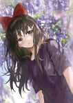  1girl :o arms_at_sides bangs black_hair blurry blurry_background blush bow branch commentary_request dutch_angle eyebrows_visible_through_hair flower grey_eyes hair_between_eyes hair_bow highres kiki long_hair looking_at_viewer majo_no_takkyuubin parted_lips purple_flower purple_shirt red_bow saya_(mychristian2) shirt short_sleeves signature solo upper_body 