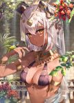  1girl animal_ears ankh arm_up armlet bare_shoulders bikini black_bikini blurry bracelet breasts cleavage collar dark_skin depth_of_field egyptian_clothes fake_animal_ears flower hair_between_eyes headdress highres jewelry lizard looking_at_viewer medium_breasts omelet_tomato original parted_lips plant red_flower revealing_clothes ring short_hair solo swimsuit upper_body veil wet white_hair yellow_eyes 