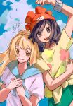  2girls :d arm_up asatte_3z beanie black_hair blonde_hair bracelet braid brown_eyes cloud commentary_request day eyelashes green_shorts grin hands_up happy hat highres jewelry lillie_(pokemon) long_hair looking_at_viewer medium_hair multiple_girls open_mouth outdoors pokemon pokemon_sm selene_(pokemon) shirt short_sleeves shorts signature sky smile t-shirt teeth tied_shirt upper_teeth_only yellow_shirt z-move_trainer_pose z-ring 
