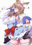  1girl \m/ almond_eye_(umamusume) animal_ears blue_dress blue_eyes blue_gloves blue_hair blunt_bangs bow braid brown_hair colored_inner_hair commentary_request cowboy_shot detached_collar detached_sleeves double_\m/ dress fingerless_gloves gloves gradient_hair grin hair_bow hair_ornament herohero_(higashi_no_dou) highres horse_ears horse_girl layered_dress looking_at_viewer multicolored_hair puffy_sleeves purple_hair red_bow signature single_braid skindentation sleeve_bow smile solo star-shaped_pupils star_(symbol) symbol-shaped_pupils tail thick_thighs thighs umamusume waist_bow white_bow wing_collar 