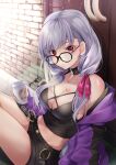  1girl akatsuki_hijiri bangs bare_shoulders black_camisole black_shorts blush breasts camisole choker cleavage coffee_cup collarbone cup disposable_cup earrings eyebrows_visible_through_hair fate/grand_order fate_(series) glasses hair_ribbon heroic_spirit_tour_outfit highres hood hooded_jacket jacket jewelry kama_(fate) large_breasts long_hair long_sleeves looking_at_viewer low_twintails midriff navel off_shoulder purple_jacket red_eyes ribbon short_shorts shorts silver_hair sitting solo stud_earrings thighs twintails 