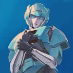  1girl blue_background blue_eyes chromia colored_skin grey_lips grey_skin helmet highres humanoid_robot metal_skin robot robot_girl solo transformers transformers_one zh3082 