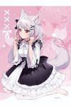  1girl alternate_costume animal_ear_fluff animal_ears artist_name black_bow black_corset black_skirt bow breasts colored_inner_hair corset dress elreyiens fox_ears fox_girl fox_tail gothic_lolita hair_bow lee_siu lolita_fashion medium_breasts multicolored_hair nijisanji nijisanji_kr pantyhose pink_hair red_eyes silver_hair skirt solo tail virtual_youtuber white_dress white_legwear 