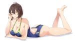  1girl ahoge ass azur_lane baltimore_(azur_lane) bare_legs barefoot blue_swimsuit braid breast_rest breasts brown_hair cleavage collarbone competition_swimsuit eyebrows_visible_through_hair french_braid green_swimsuit hair_between_eyes ishizu_kayu large_breasts looking_at_viewer lying on_stomach one-piece_swimsuit simple_background solo swimsuit the_pose two-tone_swimsuit white_background yellow_eyes 