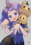 1girl acerola_(pokemon) armlet bangs blue_dress commentary_request dress elite_four flipped_hair gen_7_pokemon grey_background grey_dress hair_ornament hairclip hands_up highres kikuyoshi_(tracco) looking_at_viewer medium_hair mimikyu multicolored multicolored_clothes multicolored_dress open_mouth pokemon pokemon_(creature) pokemon_(game) pokemon_sm purple_hair short_sleeves signature smile tongue topknot torn_clothes torn_dress 
