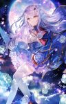  1girl absurdres ankle_boots bangs blue_cape blue_footwear blue_skirt boots breasts cape commentary eyebrows_visible_through_hair fairy_knight_lancelot_(fate) fate/grand_order fate_(series) frilled_skirt frills full_moon highres lace-trimmed_legwear lace_trim looking_at_viewer moon night night_sky petals rioka_(southern_blue_sky) silver_hair skirt sky small_breasts solo star_(sky) starry_sky thighhighs white_legwear yellow_eyes 