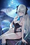  1girl alternate_costume black_bow blue_eyes bow braid breasts choker cleavage closed_mouth collarbone covered_navel fate/grand_order fate_(series) french_braid highres large_breasts light_blue_eyes light_smile long_hair looking_at_viewer morgan_le_fay_(fate) night ocean one-piece_swimsuit pale_skin solar_(happymonk) solo sparkle surfboard swimsuit very_long_hair water waterfall 