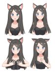  1girl :o absurdres aina_(mao_lian) animal_ear_fluff animal_ears blue_eyes blush breasts brown_hair cat_ears cat_tail cleavage closed_mouth embarrassed grey_background highres long_hair looking_at_viewer mao_lian_(nekokao) multiple_views open_mouth original self_fondle simple_background smile tail 