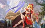  1girl 2020 absurdres arm_up bangs bird blonde_hair blunt_bangs blurry blurry_background bow braid breasts brown_cape cape cleavage closed_mouth daidai_(daidai826) dated day detached_sleeves dutch_angle floating_hair frilled_legwear hair_between_eyes hair_bow hair_ribbon halberd high_heels highres holding holding_weapon large_breasts layered_skirt lens_flare long_hair long_sleeves miniskirt orange_eyes original outdoors pleated_skirt polearm red_bow red_footwear red_ribbon red_skirt ribbon shiny shiny_hair signature skirt smile solo sparkle twin_braids twintails very_long_hair weapon white_legwear white_sleeves 