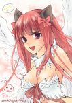  +_+ 1girl :3 animal_ears bangs bow breasts cat_ears chibi chibi_inset cleavage commentary_request dated emoticon eyebrows_visible_through_hair hair_between_eyes hair_bow kainohito long_hair looking_at_viewer medium_breasts open_mouth poring ragnarok_online red_bow red_eyes red_hair solo twitter_username upper_body wanderer_(ragnarok_online) white_feathers white_wings wings 