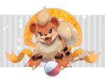  ball cat_teaser claws commentary_request fangs gen_1_pokemon growlithe highres kikuyoshi_(tracco) looking_at_viewer no_humans open_mouth pokemon pokemon_(creature) shiny signature solo standing toes tongue tongue_out 