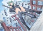  1girl armpits boots breasts bridge cleavage_cutout clothing_cutout curly_hair dagger floating floating_object floating_weapon greatsword green_eyes green_hair hands_on_hips highres knife mogudan monster_hunter_(series) one-punch_man sketch small_breasts sword tatsumaki unfinished weapon weapon_on_back 