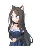  1girl aina_(mao_lian) animal_ear_fluff animal_ears bare_shoulders black_choker blue_dress blue_eyes blush breasts brown_hair cat_ears cat_tail choker cleavage closed_mouth detached_sleeves dress highres large_breasts long_hair long_sleeves mao_lian_(nekokao) original own_hands_together simple_background solo tail upper_body white_background 