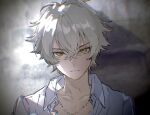  1boy :| against_wall chinese_commentary closed_mouth collarbone collared_shirt ensemble_stars! hair_between_eyes jewelry looking_at_viewer male_focus necklace ogami_koga open_collar portrait ririo shadow shirt short_hair sidelighting solo straight-on v-shaped_eyebrows white_hair white_shirt yellow_eyes 