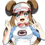  1girl :d bangs blue_eyes blue_sleeves blush breasts brown_hair double_bun hair_between_eyes highres long_hair looking_at_viewer medium_breasts open_mouth poke_ball_print pokemon pokemon_(game) pokemon_bw2 print_shirt rosa_(pokemon) shiny shiny_hair shirt simple_background smile solo upper_body v visor_cap white_background white_shirt yuihico 