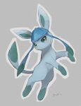  blush closed_mouth commentary_request full_body gen_4_pokemon glaceon green_eyes grey_background highres kikuyoshi_(tracco) looking_at_viewer no_humans outline pokemon pokemon_(creature) solo toes 