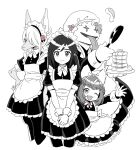  1other 3girls apron bonnet bow burmecian cropped_legs dede_(qwea_00000) eiko_carol final_fantasy final_fantasy_ix flower food freija_crescent frying_pan furry furry_female garnet_til_alexandros_xvii greyscale hair_bow hair_flower hair_ornament holding holding_frying_pan horns maid maid_apron maid_headdress monochrome mouse_girl multiple_girls pancake pancake_stack pointy_ears quina_quen single_horn snout spot_color very_long_ears 
