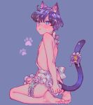  1boy :&lt; @_@ absurdres animal_ears apron bare_back bare_legs barefoot bell black_hair blue_background blue_eyes blush bomhat bow cat_boy cat_ears cat_tail closed_mouth commentary eyebrows_visible_through_hair freckles highres male_focus naked_apron original otoko_no_ko paw_print short_hair simple_background solo sweatdrop tail tail_bell tail_bow tail_ornament thigh_strap very_short_hair white_apron 