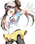  1girl black_legwear blue_eyes blue_sleeves bow breasts brown_hair collarbone cowboy_shot double_bun floating_hair highres legwear_under_shorts long_hair medium_breasts open_mouth outstretched_arm outstretched_hand pantyhose pink_bow poke_ball_print pokemon pokemon_(game) pokemon_bw2 print_shirt rosa_(pokemon) shiny shiny_hair shirt short_shorts shorts simple_background solo standing v-shaped_eyebrows very_long_hair visor_cap white_background white_shirt yellow_shorts yuihico 