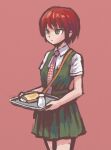  1girl bangs bob_cut breasts commentary_request cowboy_shot cup danganronpa_(series) danganronpa_2:_goodbye_despair dress food freckles from_side green_dress green_eyes green_skirt holding koizumi_mahiru namu_(nurui_cha) necktie pinafore_dress plaid_neckwear red_background red_hair salt_shaker shiny shiny_hair shirt short_hair short_sleeves simple_background skirt small_breasts solo toast white_shirt 