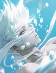  1boy air_bubble bandages blue_eyes bubble closed_mouth collarbone gojou_satoru highres jujutsu_kaisen looking_away male_focus portrait profile shirtless short_hair solo som_0u0 underwater white_hair 