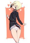  1girl absurdres ass black_hair blonde_hair blue_eyes dachshund dragoncastle erica_hartmann facing_away highres jacket looking_at_viewer military military_uniform multicolored_hair orange_background panties solo strike_witches striker_unit underwear uniform white_background white_panties world_witches_series 