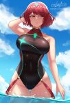  1girl bangs black_swimsuit breasts chest_jewel competition_swimsuit cslucaris earrings jewelry large_breasts one-piece_swimsuit pyra_(pro_swimmer)_(xenoblade) pyra_(xenoblade) red_eyes red_hair red_shorts red_swimsuit shorts solo swept_bangs swimsuit tiara two-tone_swimsuit xenoblade_chronicles_(series) xenoblade_chronicles_2 