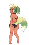  1girl ahoge animal_ears ass back bikini black_bikini collar commentary_request dark-skinned_female dark_skin done_(donezumi) from_behind full_body green_hair looking_at_viewer looking_back original red_collar short_hair side-tie_bikini solo standing string_bikini swimsuit tail titi-chan_(nezumi_inu) yellow_eyes 