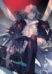  1boy black_pants blue_eyes bug butterfly claws commentary crown evil_smile fate/grand_order fate_(series) feather_boa highres insect insect_wings jacket lack male_focus oberon_(fate) pants sitting smile spoilers white_jacket wings 