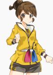  1girl absurdres brown_eyes brown_hair closed_mouth collarbone cowboy_shot gloria_(pokemon) grey_shorts highres jacket long_sleeves looking_at_viewer master_dojo_uniform pokemon pokemon_(game) pokemon_swsh shiny shiny_hair short_hair short_shorts shorts simple_background smile solo tied_hair v-shaped_eyebrows white_background wristband yellow_jacket yuihico zipper 