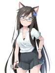  1girl absurdres aina_(mao_lian) animal_ear_fluff animal_ears black-framed_eyewear black_bra blue_eyes bra bra_peek breasts brown_hair butterfly_hair_ornament can canned_coffee cat_ears cat_tail cleavage closed_mouth glasses grey_skirt hair_ornament head_tilt highres holding large_breasts long_hair looking_at_viewer mao_lian_(nekokao) miniskirt original pleated_skirt shirt short_sleeves simple_background skirt solo standing tail underwear very_long_hair white_background white_shirt wristband 