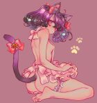  1girl absurdres ahoge animal_ear_fluff animal_ears apron ass bangs bare_arms bare_back bare_legs barefoot bell black_hair blush bomhat bow breasts cat_ears cat_girl cat_tail commentary eyebrows_visible_through_hair freckles from_side full_body hair_ribbon heart heart-shaped_pupils highres looking_at_viewer looking_to_the_side naked_apron original paw_print pink_apron pink_background pink_eyes pink_ribbon ribbon seiza short_hair sideboob simple_background sitting small_breasts solo symbol-shaped_pupils tail tail_bell tail_bow tail_ornament thigh_strap toes 