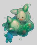  :d closed_eyes commentary_request gen_5_pokemon grey_background happy highres holding_hands kikuyoshi_(tracco) no_humans open_mouth pokemon pokemon_(creature) reuniclus signature smile tongue water_drop 
