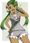  1girl :d bangs border breasts collarbone cowboy_shot dark-skinned_female dark_skin floating_hair flower green_eyes green_hair grey_background grey_shirt grey_shorts hair_flower hair_ornament hand_on_hip highres holding holding_ladle ladle long_hair looking_at_viewer low_twintails mallow_(pokemon) open_mouth outside_border pink_flower pokemon pokemon_(game) pokemon_sm shiny shiny_hair shirt short_shorts shorts sleeveless sleeveless_shirt small_breasts smile solo standing swept_bangs twintails very_long_hair white_border yuihico 