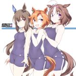  3girls :3 admire_vega_(umamusume) ahoge animal_ears bangs blue_swimsuit blush breasts brown_hair character_name copyright_name ear_piercing ear_ribbon eyebrows_visible_through_hair hair_between_eyes hairband hands_on_another&#039;s_shoulders horse_ears horse_girl horse_tail large_breasts long_hair medium_breasts meisho_doto_(umamusume) multicolored_hair multiple_girls one-piece_swimsuit open_mouth orange_hair parted_lips piercing pink_eyes pink_hairband ponytail red_eyes ribbon shigino_sohuzi short_hair sidelocks simple_background single_ear_cover small_breasts smile streaked_hair sweat swimsuit t.m._opera_o_(umamusume) tail umamusume white_background white_hair 