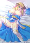  1girl after_sex archbishop_(ragnarok_online) bangs bar_censor blonde_hair blue_dress blush breasts bridal_gauntlets bukkake censored commentary_request cum cum_on_body dress eyebrows_visible_through_hair facial feet_out_of_frame green_eyes hair_between_eyes highres horns huge_breasts long_hair looking_at_viewer lying masaya_ichika nipples no_panties nose_blush on_back on_bed open_mouth ragnarok_online sash solo thighhighs tongue tongue_out torn_clothes torn_legwear two-tone_dress white_dress white_legwear yellow_sash 
