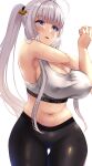  1girl azur_lane bangs bare_arms bare_shoulders black_pants blue_eyes blush breasts cleavage cowboy_shot eyebrows_visible_through_hair hair_ornament highres illustrious_(azur_lane) large_breasts long_hair midriff mole mole_under_eye navel pants parted_lips silver_hair simple_background smile solo sports_bra stretch thigh_gap wee_(weeyy) white_background 