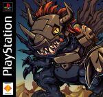  black_wings blue_skin box_art colored_skin commentary cyborg derivative_work digimon digimon_(creature) digimon_world dinosaur english_commentary fake_box_art helmet highres horns long_hair mechanical_arms metalgreymon_(virus) no_humans playstation_logo red_hair ridgeone sharp_teeth single_mechanical_arm slit_pupils solo spiked_hair teeth torn_wings video_game_cover_redraw wings yellow_eyes 