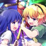  2girls battle blonde_hair commentary_request dress fang furude_rika green_dress hairband hazumi_otoya highres higurashi_no_naku_koro_ni houjou_satoko long_hair multiple_girls open_mouth purple_eyes purple_hair shirt short_hair short_sleeves shouting suspenders upper_body weapon white_shirt 