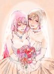  2girls :d bangs bouquet breasts bridal_veil brown_eyes brown_hair choker cleavage closed_eyes collarbone commentary couple dress elbow_gloves flower gloves grin hair_between_eyes half-closed_eyes holding holding_bouquet jewelry large_breasts long_dress long_hair megurine_luka meiko meriko multiple_girls necklace open_mouth pink_background pink_flower pink_hair pink_rose red_flower red_rose rose short_hair sleeveless sleeveless_dress smile standing strapless strapless_dress veil very_long_hair vocaloid wedding_dress white_choker white_dress white_gloves wife_and_wife yuri 