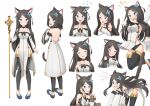  1girl :d absurdres aina_(mao_lian) all_fours angry animal_ear_fluff animal_ears arm_support backless_dress backless_outfit bare_shoulders black_bow black_choker black_legwear blue_eyes blue_footwear blush bow breasts brown_hair cat_ears cat_tail character_sheet choker closed_eyes closed_mouth cold cross crying detached_sleeves dress expressions flower flying_sweatdrops hair_flower hair_ornament head_tilt highres holding holding_scepter long_hair long_sleeves looking_at_viewer mao_lian_(nekokao) medium_breasts multiple_views notice_lines open_mouth original own_hands_together pelvic_curtain pigeon-toed praying scepter shoes side_slit simple_background sipping smile tail tail_raised tears thighhighs very_long_hair white_background white_dress 