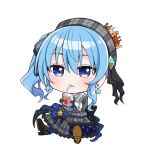  1girl blue_hair bow chibi commentary_request drink earrings eyebrows_visible_through_hair full_body gloves hair_between_eyes hat high_heels hinata_kokage holding holding_drink hololive hoshimachi_suisei jewelry juice_box long_sleeves looking_at_viewer side_ponytail simple_background sitting solo white_background 