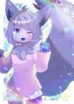  1girl ;d animal_ears bangs blue_eyes blush commentary_request dress eyebrows_visible_through_hair fang furry grey_hair hair_between_eyes hands_up kou_hiyoyo long_sleeves looking_at_viewer one_eye_closed open_mouth original pink_dress pink_legwear smile solo tail_raised thighhighs 