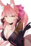  1girl absurdres animal_ear_fluff animal_ears bangs black_bodysuit blush bodysuit bow breasts center_opening choker cleavage commentary fate/grand_order fate_(series) fox_ears fox_girl fox_tail hair_between_eyes hair_bow highres huge_filesize koyanskaya_(fate) large_breasts long_hair looking_at_viewer megu_(pixiv9460065) pink_bow pink_hair ponytail sidelocks smile solo tail tamamo_(fate) thighs yellow_eyes 