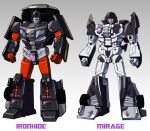  2boys autobot casey_w._coller character_name clenched_hands collaboration dyemooch english_commentary gradient gradient_background ironhide looking_at_viewer mecha mirage_(transformers) multiple_boys no_humans red_eyes science_fiction standing transformers transformers_shattered_glass 