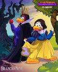 absurd_res anthro apple artist_name avian bird black_cape black_clothing black_hair blue_clothing blue_dress blue_shirt blue_topwear bottomwear cape clothing club_penguin crown dress duo female food fruit grimhilde hair headgear hi_res holding_apple holding_food holding_fruit holding_object looking_at_viewer open_mouth penguin plant relampago686 shirt skirt snow_white_(disney) snow_white_and_the_seven_dwarfs text topwear upper_teeth_only white_body white_skin yellow_bottomwear yellow_clothing yellow_skirt