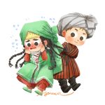  1boy 1girl artist_name black_boots black_eyes black_hair blush blush_stickers boots braid brown_hair chibi closed_mouth green_shoes hand_on_own_face hat highres jerukecil long_hair looking_at_another looking_to_the_side nose_blush otoyomegatari pariya shoes signature turban umar uzbek_clothes very_long_hair white_background 